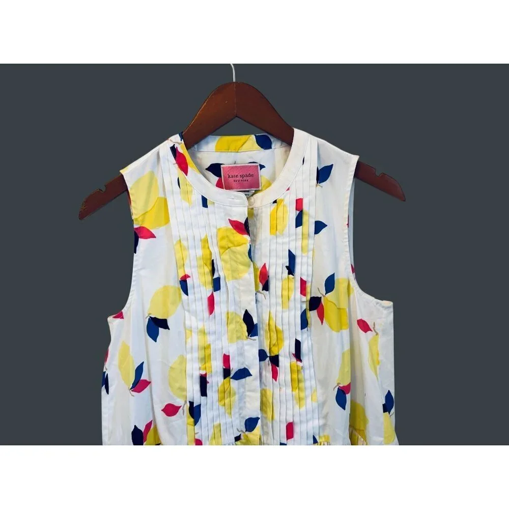 Kate Spade White Yellow Lemon Zest Pleated High Neck Summer Button Up Mini Dress
